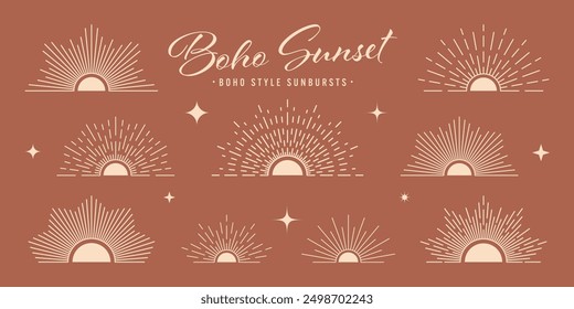Vintage sunburst, sunset beams, half circle sunrise. Boho style, modern minimalist bohemian design. Hand drawn bursting sun, light rays. Lettering design element in retro style. Vector illustration
