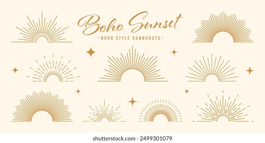 Vintage sunburst, sunset beams, half circle sunrise. Boho style, modern minimalist bohemian design. Hand drawn bursting sun, light rays. Lettering design element in retro style. Vector illustration