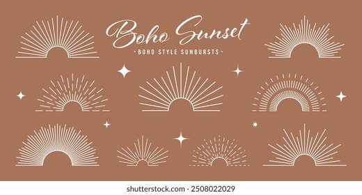 Vintage sunburst, sunset beams, half circle sunrise. Boho style, modern minimalist bohemian design. Hand drawn bursting sun, light rays. Lettering design element in retro style. Vector illustration