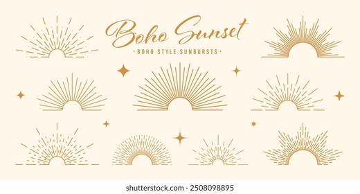 Vintage sunburst, sunset beams, half circle sunrise. Boho style, modern minimalist bohemian design. Hand drawn bursting sun, light rays. Lettering design element in retro style. Vector illustration