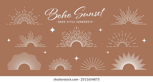 Explosão solar vintage, raios de sol, nascer do sol semicírculo. Boho estilo, design boêmio minimalista moderno. Sol estourando desenhado à mão, raios de luz. Elemento de design de letra em estilo retrô. Ilustração vetorial