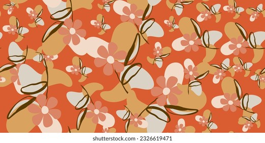 Flor de girasol de época Patrón sin foco de color flor de Corea Flor contemporánea Libertad femenina botánica rama floral. Hierba de bodas dibujada a mano, flores minimalistas con hojas elegantes. Repetir el patrón.