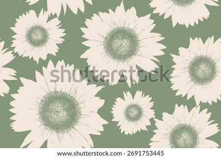 Vintage Sunflower Seamless Pattern on Green Background. Abstract Modern monotone Hand-drawn flowers, silhouette botanical florals.Retro Floral Print for Fabric, Wallpaper, and Home Decor