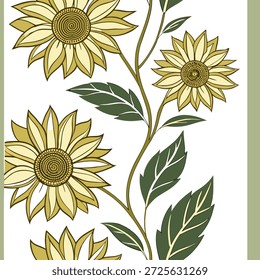 Padrão de telha sem emenda de girassol vintage com tons de ouro antigos e verdes silenciados perfeito para o conceito clássico salas de estar como tons de ouro antigo e verdes silenciados criar vintage padrão de telha sem emenda para salas de estar clássicas no conceito de stock de foto e espaço vazio no lado esquerdo, sem texto —ar 7:2 —azulejo