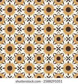 Vintage Sunflower Tile Seamless Pattern in Soft Yellow and Beige