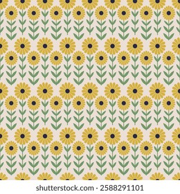 Vintage Sunflower Tile Seamless Pattern in Yellow and Green