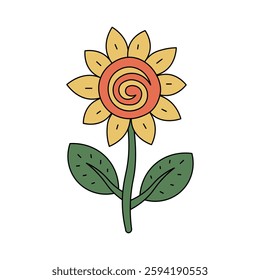 Vintage Sunflower vector illustration. Hand drawn summer flower with leaves. Colorful outline psychedelic style. 60s 70s aesthetic