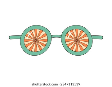 Vintage sunglasses with rays. Groovy retro fashion style. Vector illustration isolated on white background. 