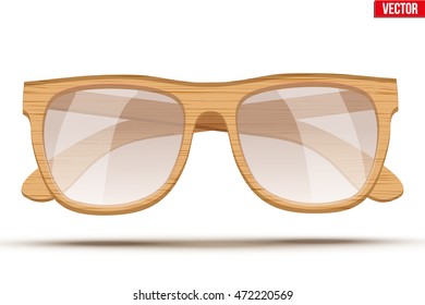 Vintage sunglasses with wooden frame and transparent glass. Retro style. Vector Illustration isolated on white background.