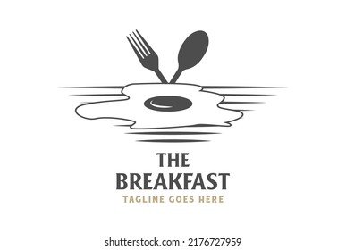 Vintage Sunny Side Up Egg and Spoon Fork with Beach for Cafe Restaurant Logo Design Vector