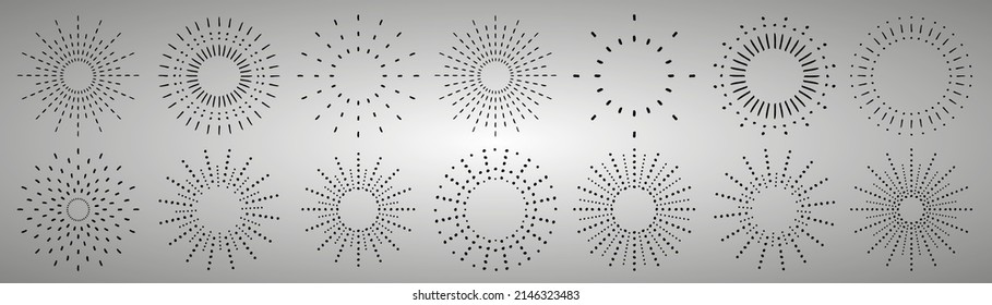 Vintage sunrise collection. Sunburst set. Vector light rays elements. Firework explosion, stars, emblem, logo, tag. Vector Illustration 