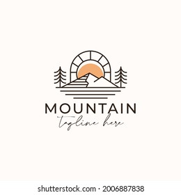 Vintage Sunrise Mountain Pine Tree Evergreen Tree for Outdoor Adventure Logo Design Template Isolated in White Background
