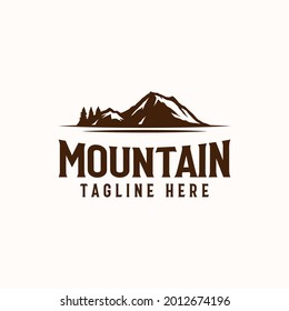 Vintage Sunrise Mountain Pine Tree Evergreen Tree for Outdoor Adventure Logo Design Template Isolated in White Background