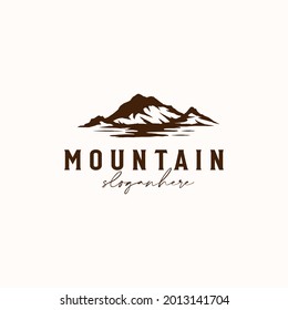 Vintage Sunrise Mountain Pine Tree Evergreen Tree for Outdoor Adventure Logo Design Template Isolated in White Background