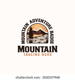 Vintage Sunrise Mountain Pine Tree Evergreen Tree for Outdoor Adventure Logo Design Template Isolated in White Background