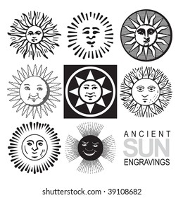 Vintage suns patterns, vector illustration. Old engraving elements for your design.