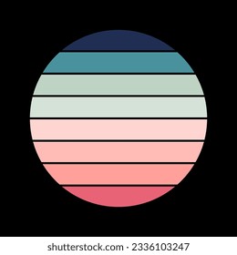 Vintage sunset in 70s style. Retro T-shirt design element. Striped circle graphic pattern. Retro sunset on black background. Summer icon in pastel colors. Pale pink and blue dawn. Vector illustration