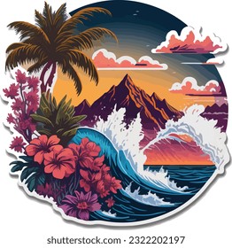 Vintage sunset of beach island resort logo design