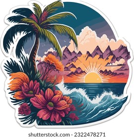 Vintage sunset of beautiful clean beach island logo design