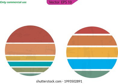 Vintage sunset collection in 70s 80s style. Distressed retro sunset. Flat  Circular  background. T shirt design element. Retro sunset collection 80s style. Striped colorful circles