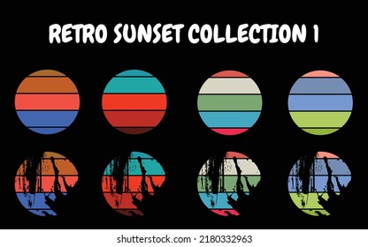 Colección de atardecer de época en el estilo de los años 80 del 70. Fiesta de sol retro regular y angustiada. Cinco opciones con una versión texturizada. Fondo de gradiente circular. Elementos de diseño de camisetas.