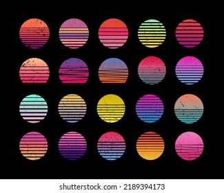 Vintage sunset collection in 70s 80s style. Regular and distressed retro sunset set. Five options with textured versions. Circular gradient background. T shirt design element.