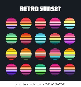 Vintage sunset collection. Colorful striped sunrise badges in 80s and 90s style. Sun and ocean view, summer vibes, surfing. Design element for print, logo or t-shirt. Vector illustration