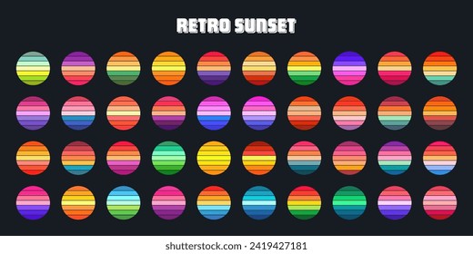 Vintage sunset collection. Colorful striped sunrise badges in 80s and 90s style. Sun and ocean view, summer vibes, surfing. Design element for print, logo or t-shirt. Vector illustration