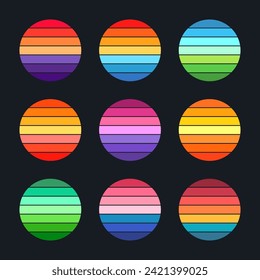 Vintage sunset collection. Colorful striped sunrise badges in 80s and 90s style. Sun and ocean view, summer vibes, surfing. Design element for print, logo or t-shirt. Vector illustration