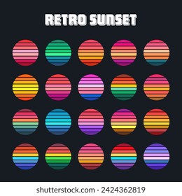 Vintage sunset collection. Colorful striped sunrise badges in 80s and 90s style. Sun and ocean view, summer vibes, surfing. Design element for print, logo or t-shirt. Vector illustration