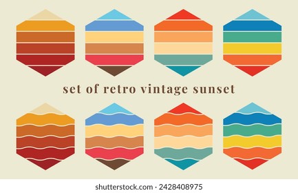 Vintage sunset collection. Colorful striped sunrise badges in 80s and 90s style. Sun and ocean views, summer vibes, surfing. Design element for print, logo, or t-shirt. Vector illustration