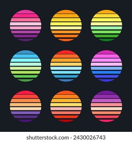 Vintage sunset collection. Colorful striped sunrise badges in 80s and 90s style. Sun and ocean view, summer vibes, surfing. Design element for print, logo or t-shirt. Vector illustration