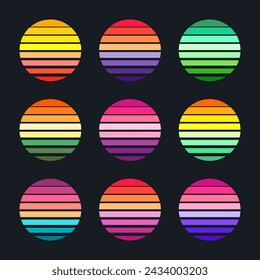 Vintage sunset collection. Colorful striped sunrise badges in 80s and 90s style. Sun and ocean view, summer vibes, surfing. Design element for print, logo or t-shirt. Vector illustration