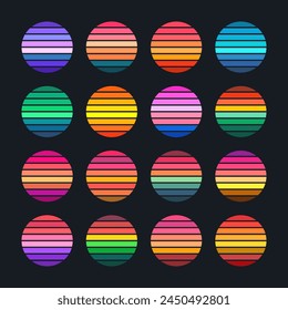 Vintage sunset collection. Colorful striped sunrise badges in 80s and 90s style. Sun and ocean view, summer vibes, surfing. Design element for print, logo or t-shirt. Vector illustration