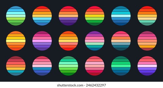 Vintage sunset collection. Colorful striped sunrise badges in 80s and 90s style. Sun and ocean view, summer vibes, surfing. Design element for print, logo or t-shirt. Vector illustration