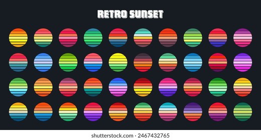 Vintage sunset collection. Colorful striped sunrise badges in 80s and 90s style. Sun and ocean view, summer vibes, surfing. Design element for print, logo or t-shirt. Vector illustration