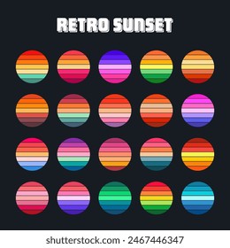 Vintage sunset collection. Colorful striped sunrise badges in 80s and 90s style. Sun and ocean view, summer vibes, surfing. Design element for print, logo or t-shirt. Vector illustration