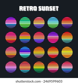 Vintage sunset collection. Colorful striped sunrise badges in 80s and 90s style. Sun and ocean view, summer vibes, surfing. Design element for print, logo or t-shirt. Vector illustration