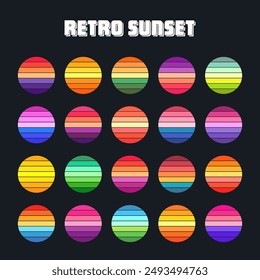 Vintage sunset collection. Colorful striped sunrise badges in 80s and 90s style. Sun and ocean view, summer vibes, surfing. Design element for print, logo or t-shirt. Vector illustration
