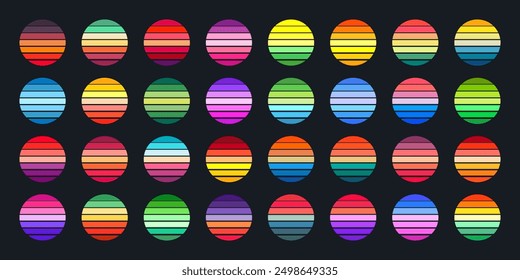 Vintage sunset collection. Colorful striped sunrise badges in 80s and 90s style. Sun and ocean view, summer vibes, surfing. Design element for print, logo or t-shirt. Vector illustration