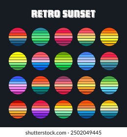 Vintage sunset collection. Colorful striped sunrise badges in 80s and 90s style. Sun and ocean view, summer vibes, surfing. Design element for print, logo or t-shirt. Vector illustration