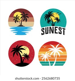 Vintage sunset collection. Colorful striped sunrise badges in 80s and 90s style. Sun and ocean view, summer vibes, Design element for print, logo or t-shirt. Vector illustration
