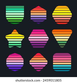 Vintage sunset collection. Various colorful striped sunrise badges in 80s and 90s style. Sun and ocean view, summer vibes, surfing. Design element for print, logo or t-shirt. Vector illustration