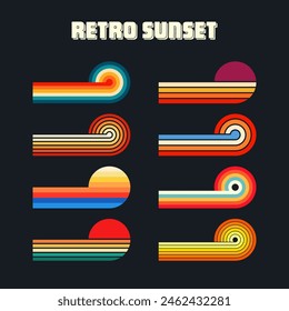 Vintage sunset collection. Various colorful striped sunrise badges in 80s and 90s style. Sun and ocean view, summer vibes, surfing. Design element for print, logo or t-shirt. Vector illustration