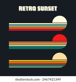 Vintage sunset collection. Various colorful striped sunrise badges in 80s and 90s style. Sun and ocean view, summer vibes, surfing. Design element for print, logo or t-shirt. Vector illustration