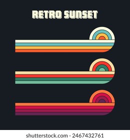 Vintage sunset collection. Various colorful striped sunrise badges in 80s and 90s style. Sun and ocean view, summer vibes, surfing. Design element for print, logo or t-shirt. Vector illustration