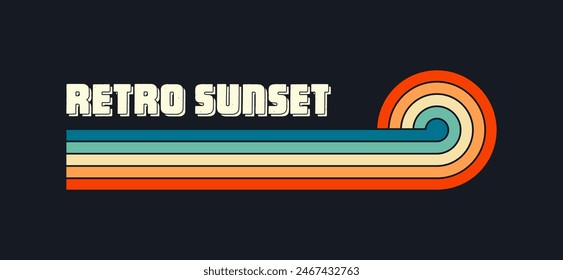 Vintage sunset collection. Various colorful striped sunrise badges in 80s and 90s style. Sun and ocean view, summer vibes, surfing. Design element for print, logo or t-shirt. Vector illustration