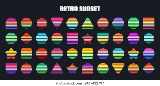 Vintage sunset collection. Various colorful striped sunrise badges in 80s and 90s style. Sun and ocean view, summer vibes, surfing. Design element for print, logo or t-shirt. Vector illustration