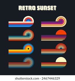 Vintage sunset collection. Various colorful striped sunrise badges in 80s and 90s style. Sun and ocean view, summer vibes, surfing. Design element for print, logo or t-shirt. Vector illustration