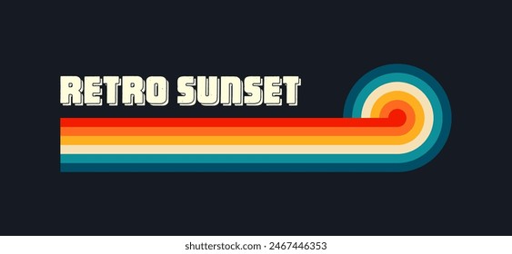 Vintage sunset collection. Various colorful striped sunrise badges in 80s and 90s style. Sun and ocean view, summer vibes, surfing. Design element for print, logo or t-shirt. Vector illustration